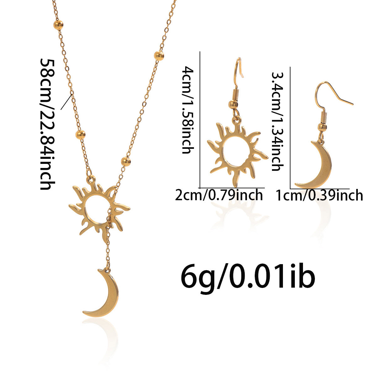 Lxalry – 18K Gold Plated Sun & Moon Necklace & Earrings Set