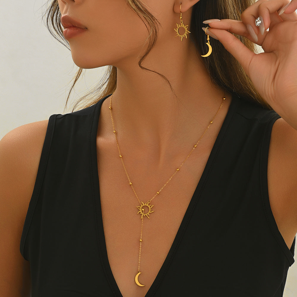 Lxalry – 18K Gold Plated Sun & Moon Necklace & Earrings Set