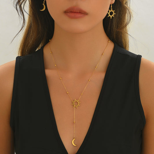 Lxalry – 18K Gold Plated Sun & Moon Necklace & Earrings Set