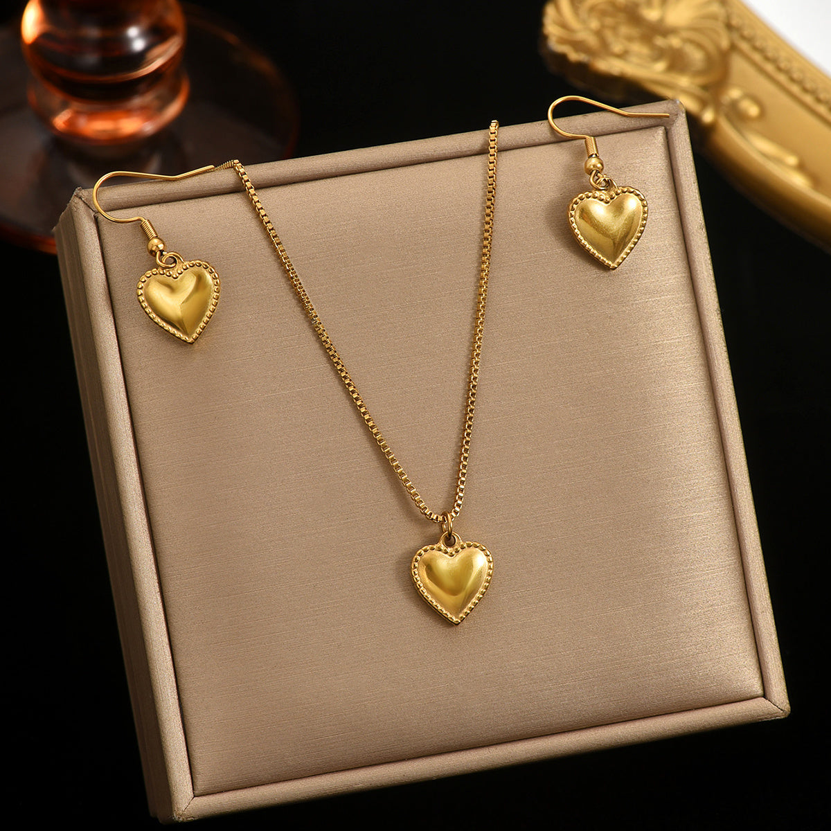 Lxalry 18K Gold Puffy Heart Necklace & Earrings – Waterproof & Hypoallergenic