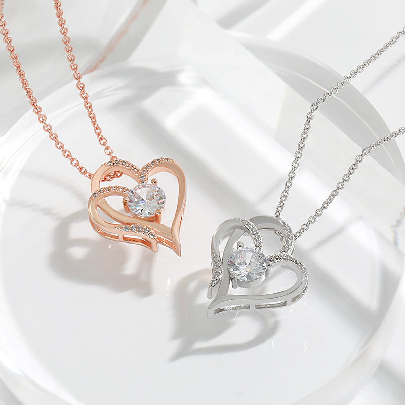 Zircon Double Heart Necklace – Women's Clavicle Chain Jewelry